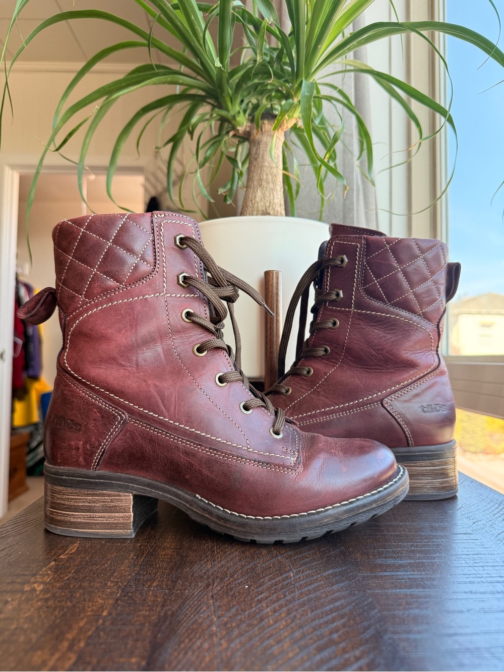 Taos Footwear Factor Burgundy Leather Quilted Lace Up Combat Boots 38